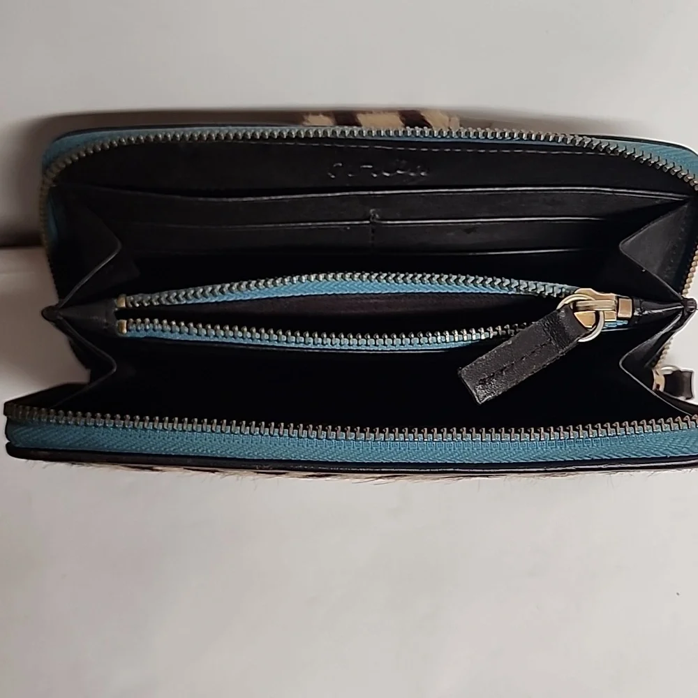 Boden Rare Vintage 100% Hair & Cowhide Leather Zebra Unisex Wallet Teal Accents